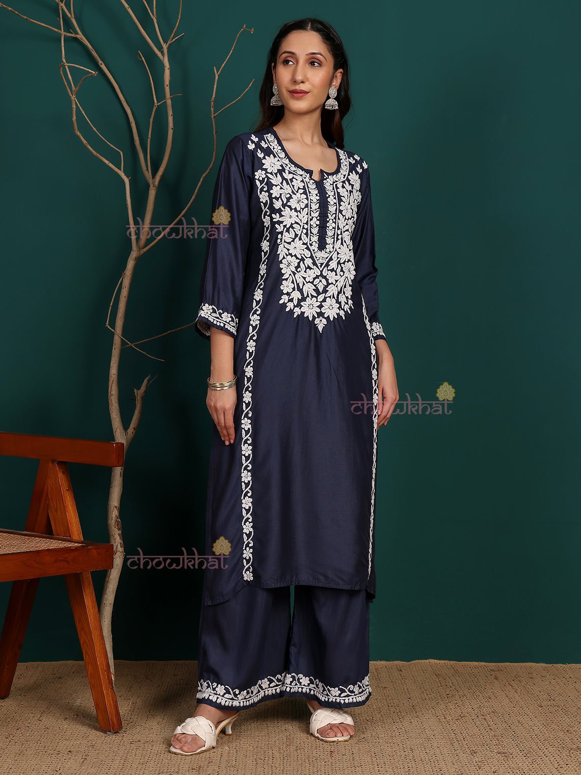 Sadiya Premium Chanderi Chikankari Kurti & Palazzo Set - Chowkhat Lifestyle