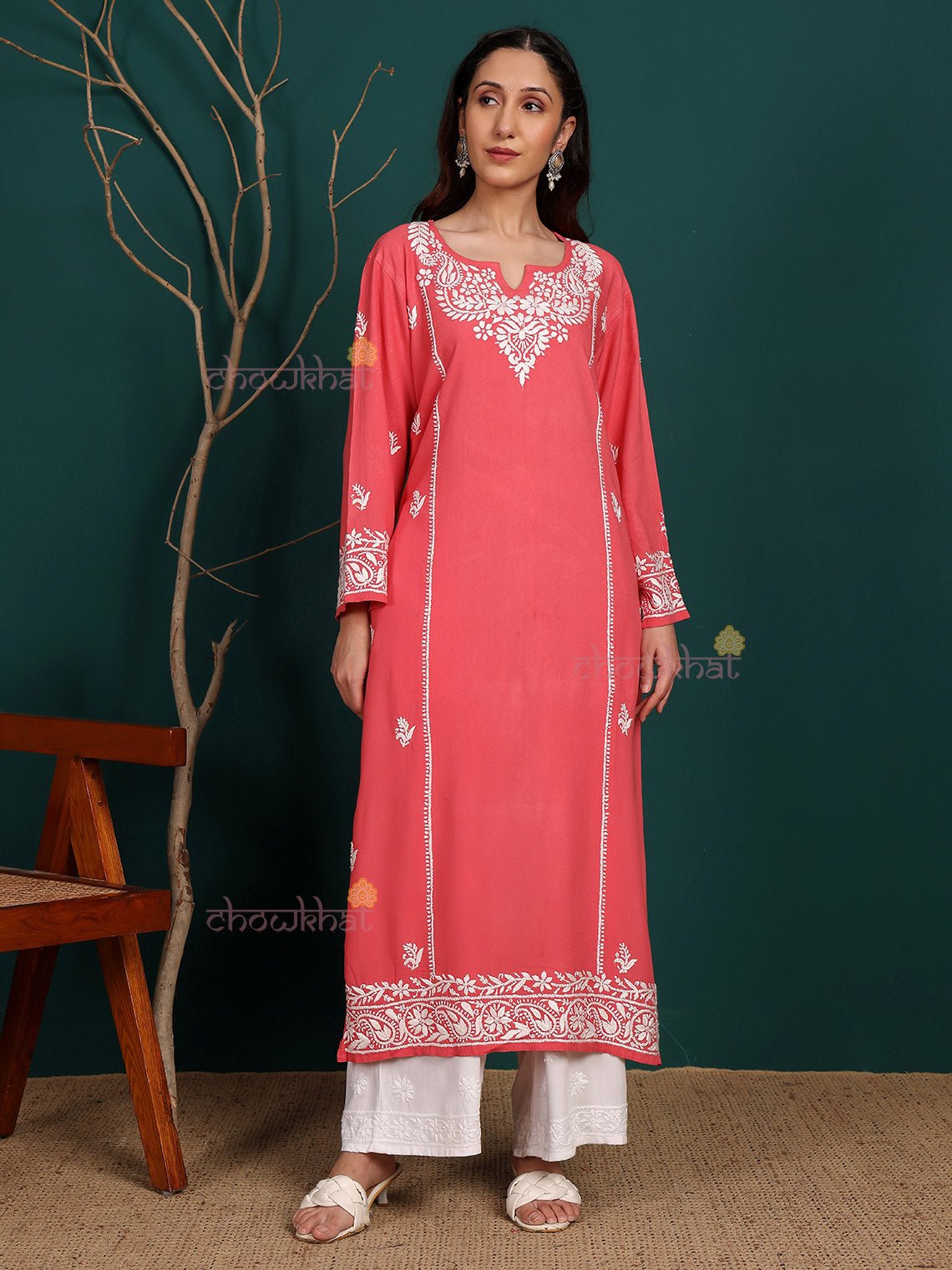 Humaira Rayon Straight Long Chikankari Kurti - Chowkhat Lifestyle