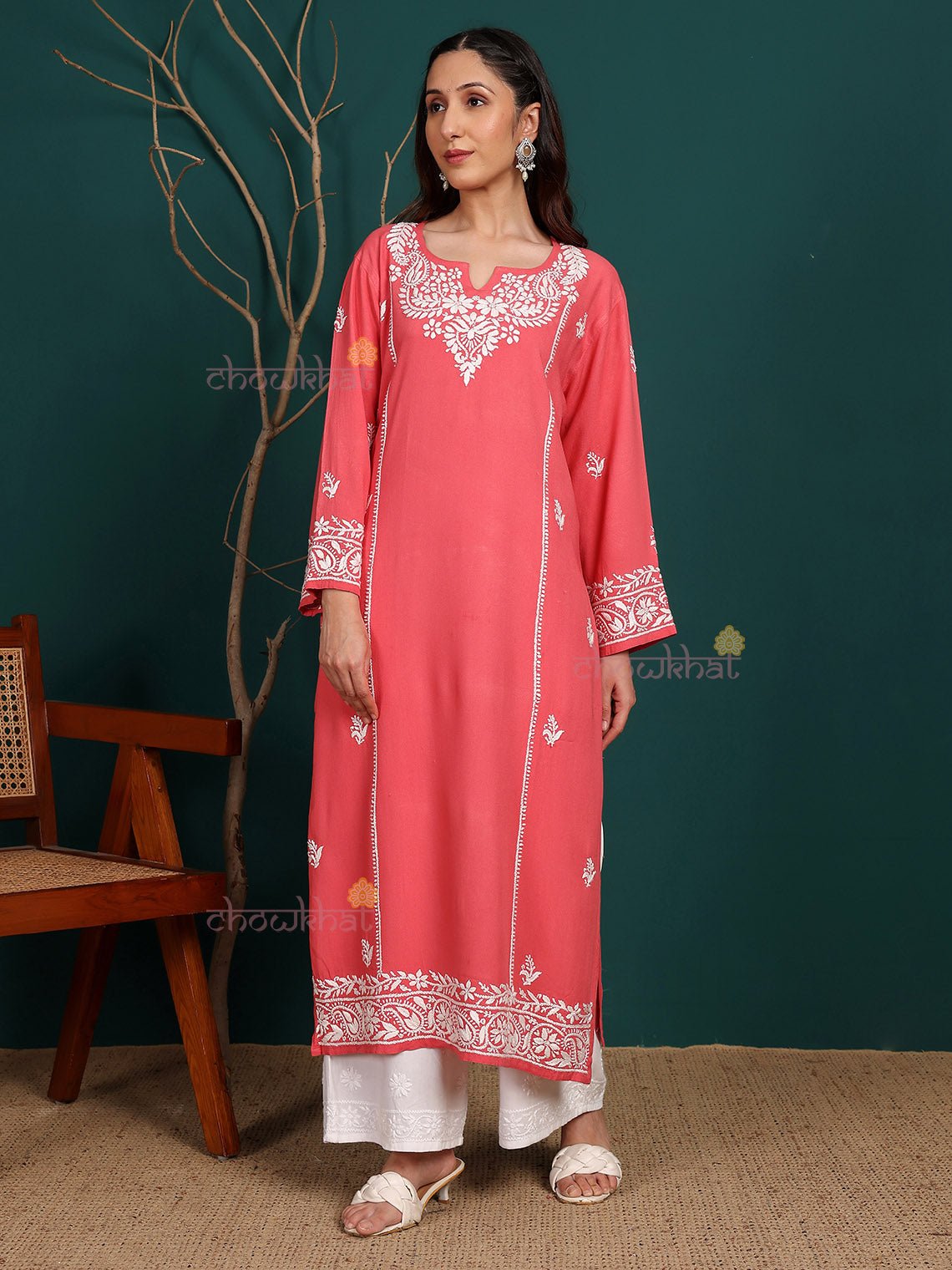 Humaira Rayon Straight Long Chikankari Kurti - Chowkhat Lifestyle