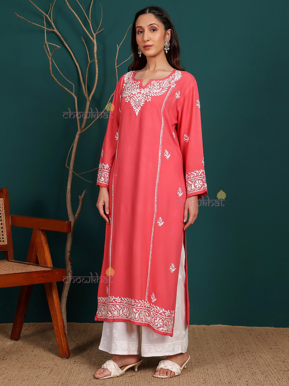 Humaira Rayon Straight Long Chikankari Kurti - Chowkhat Lifestyle