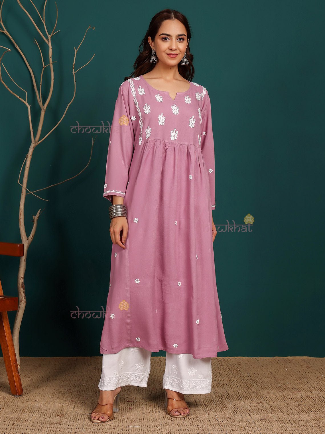 Bahar Premium Rayon Nyra Style Long Chikankari Kurti - Chowkhat Lifestyle