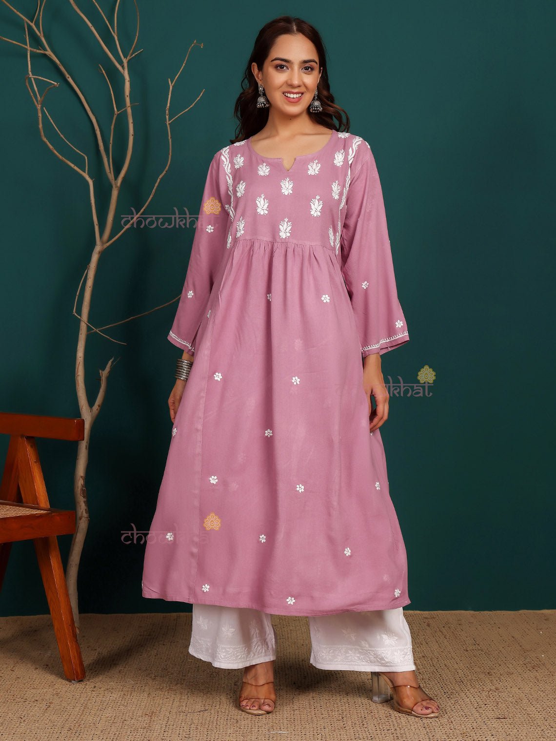 Bahar Premium Rayon Nyra Style Long Chikankari Kurti - Chowkhat Lifestyle