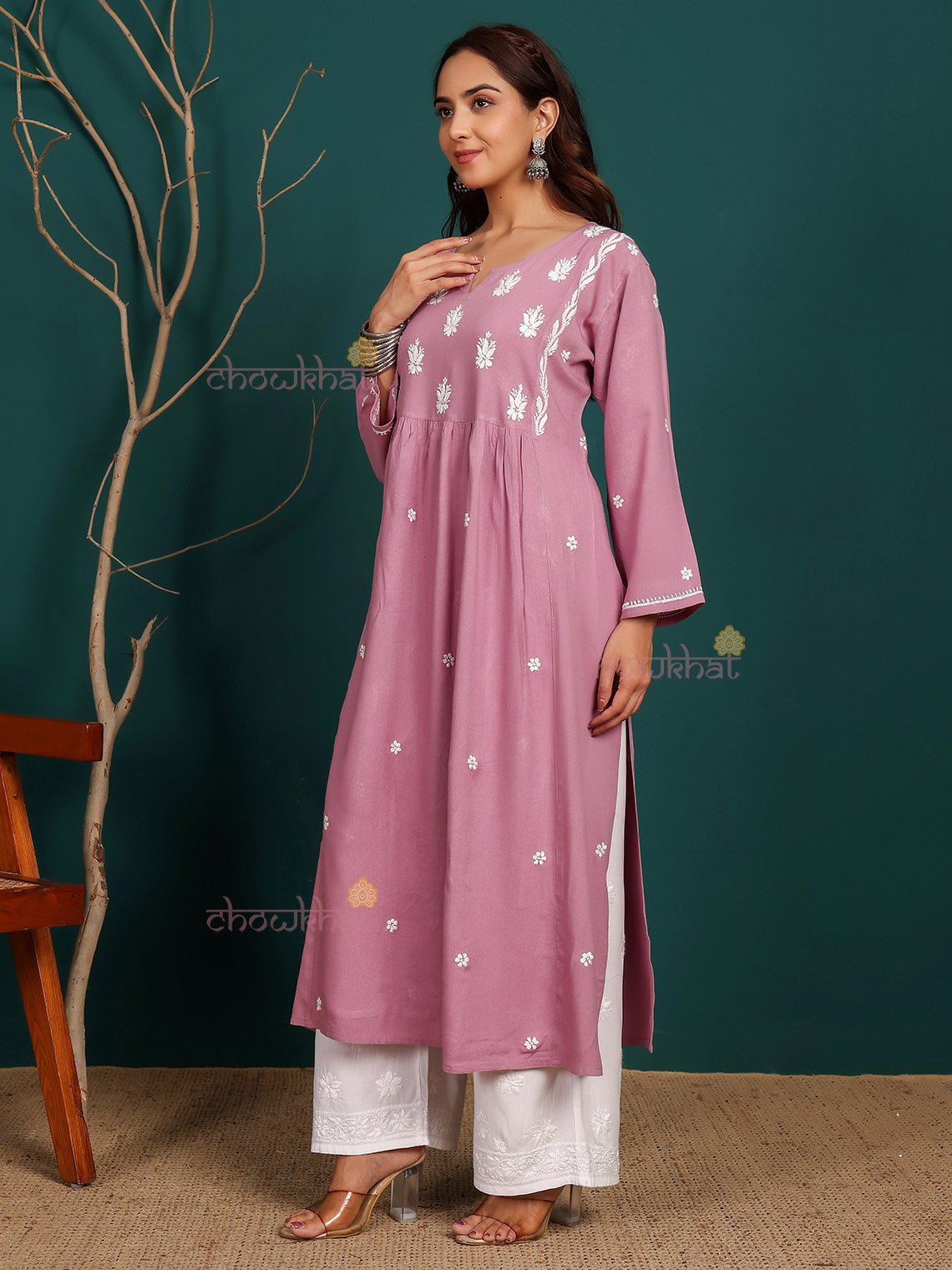Bahar Premium Rayon Nyra Style Long Chikankari Kurti - Chowkhat Lifestyle