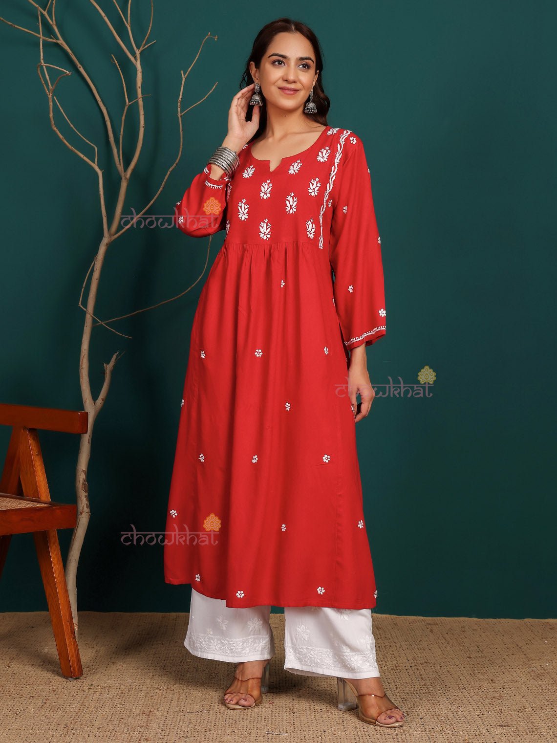 Bahar Premium Rayon Nyra Style Long Chikankari Kurti - Chowkhat Lifestyle