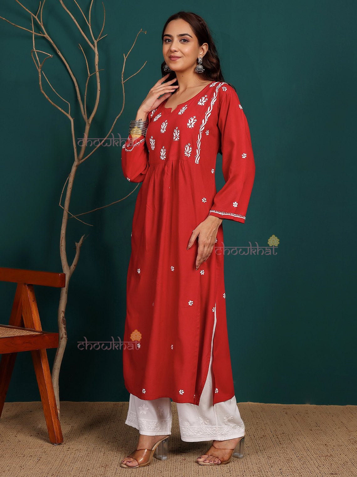 Bahar Premium Rayon Nyra Style Long Chikankari Kurti - Chowkhat Lifestyle