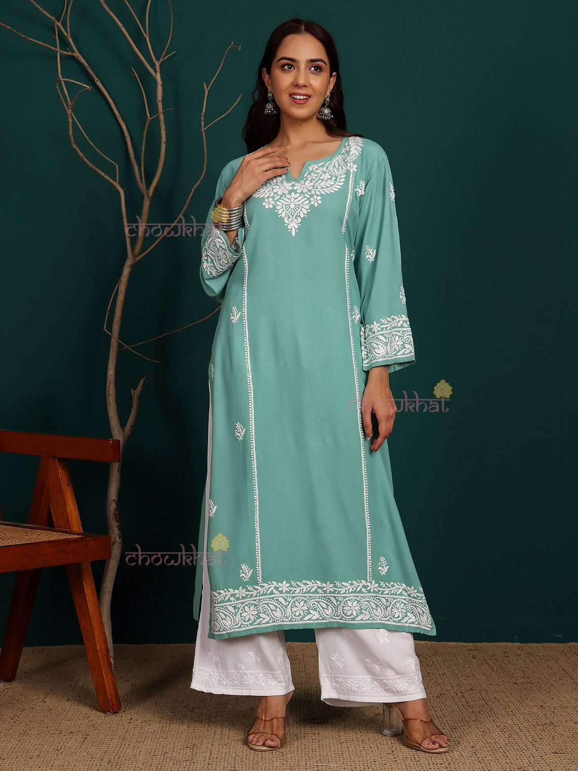 Humaira Rayon Straight Long Chikankari Kurti - Chowkhat Lifestyle