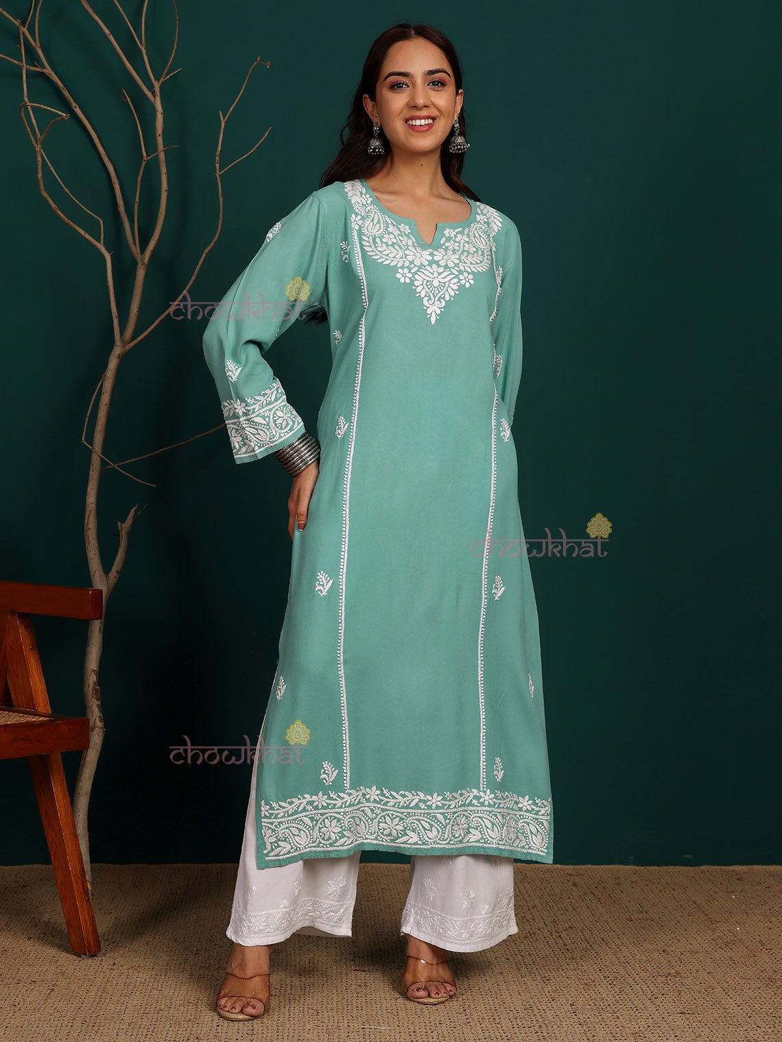 Humaira Rayon Straight Long Chikankari Kurti - Chowkhat Lifestyle