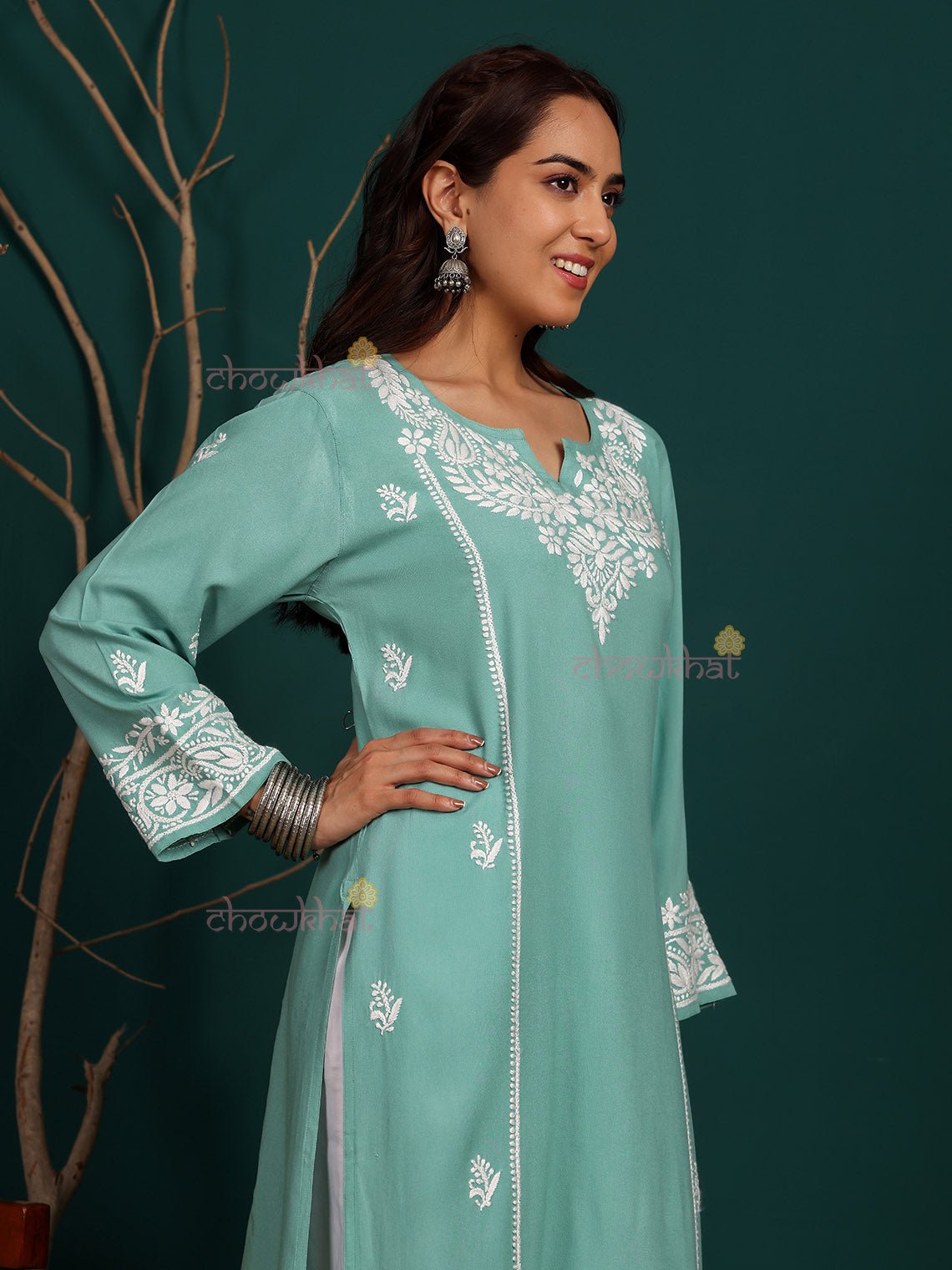 Humaira Rayon Straight Long Chikankari Kurti - Chowkhat Lifestyle