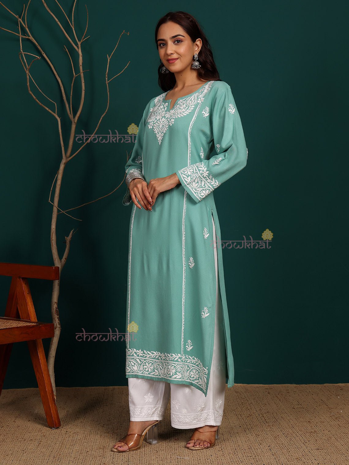 Humaira Rayon Straight Long Chikankari Kurti - Chowkhat Lifestyle