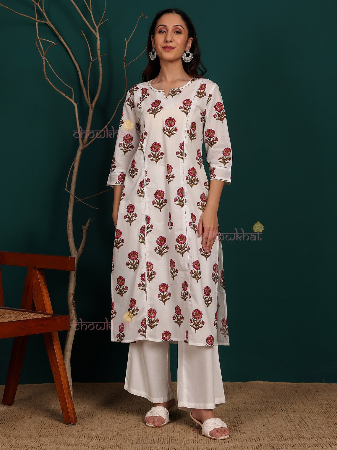 Savya Hand Printed Cotton Kurti with Lace Detailing - Chowkhat Lifestyle
