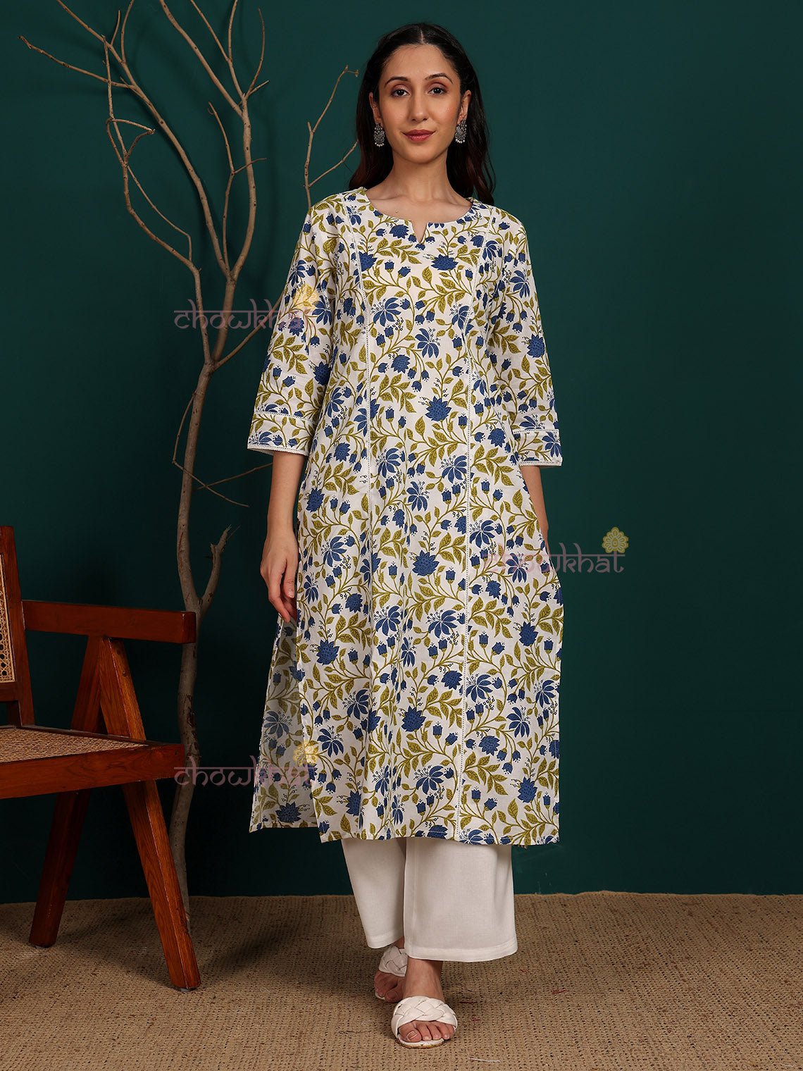 Adhira Hand Printed Cotton Kurti with Lace Detailing - Chowkhat Lifestyle