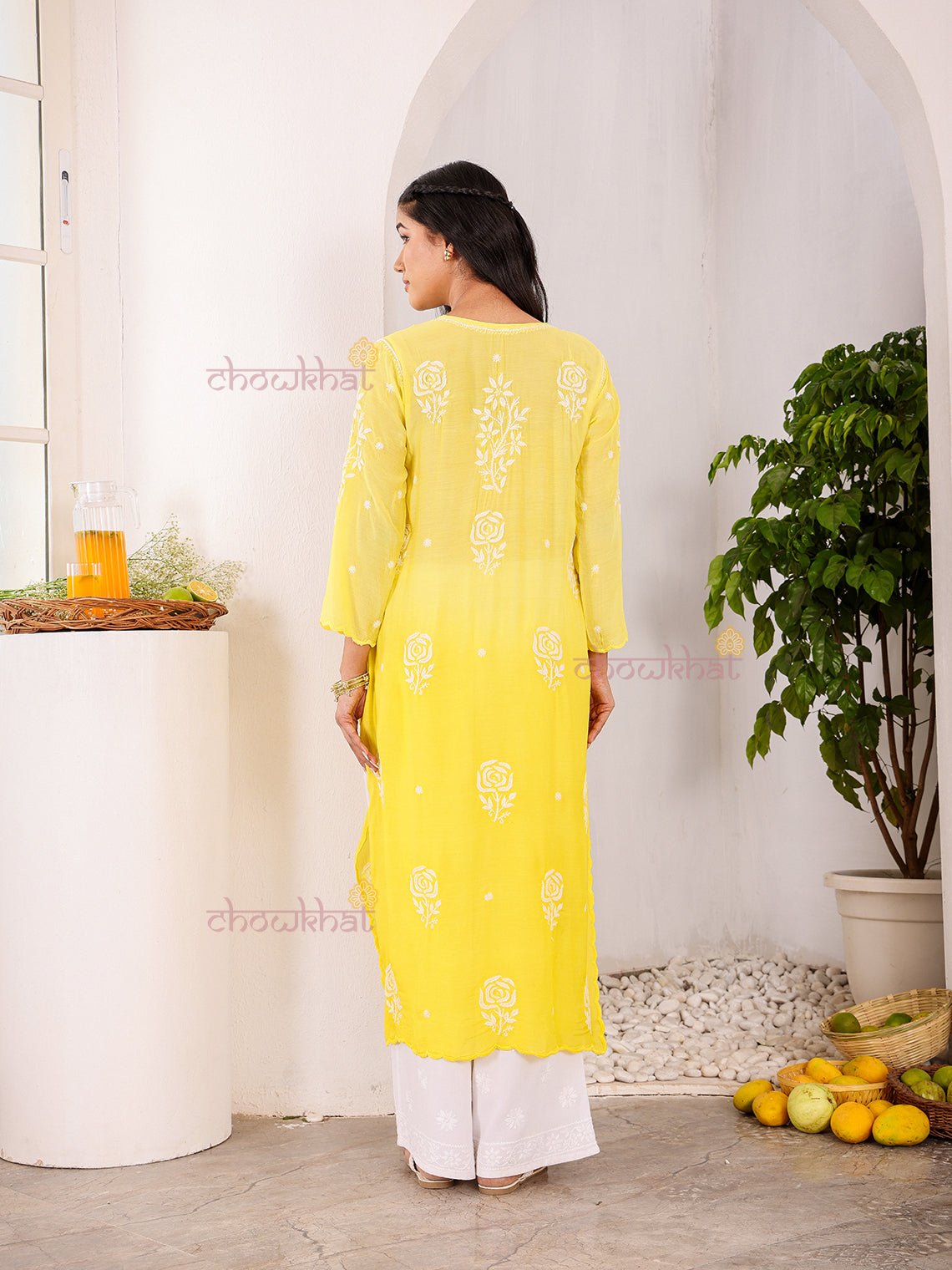 Rooh Premium Muslin Long Chikankati Scalloped Kurti - Chowkhat Lifestyle