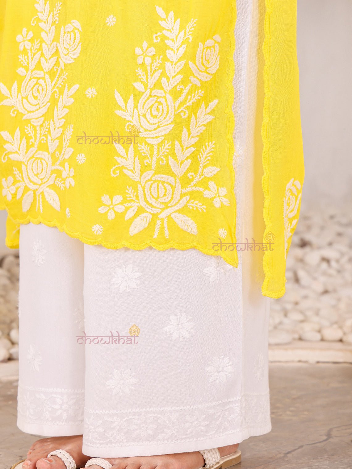 Rooh Premium Muslin Long Chikankati Scalloped Kurti - Chowkhat Lifestyle