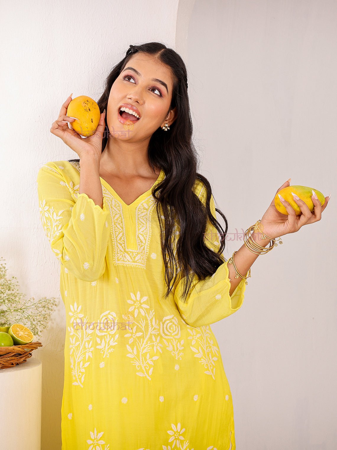 Rooh Premium Muslin Long Chikankati Scalloped Kurti - Chowkhat Lifestyle