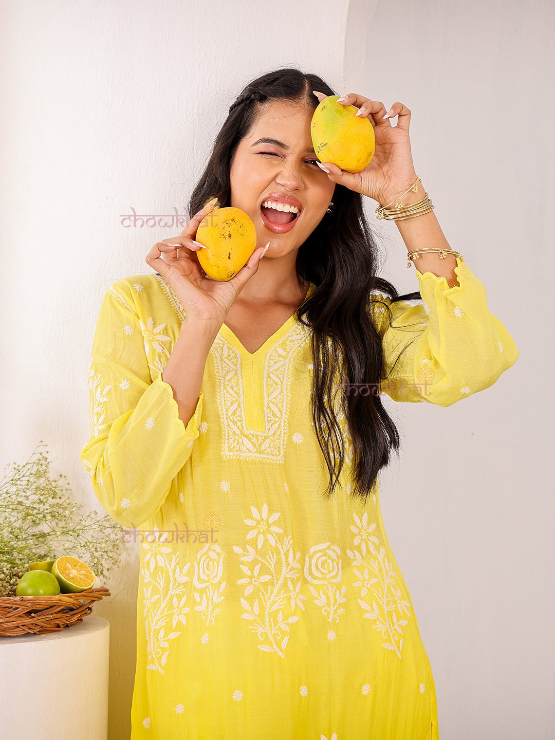 Rooh Premium Muslin Long Chikankati Scalloped Kurti - Chowkhat Lifestyle