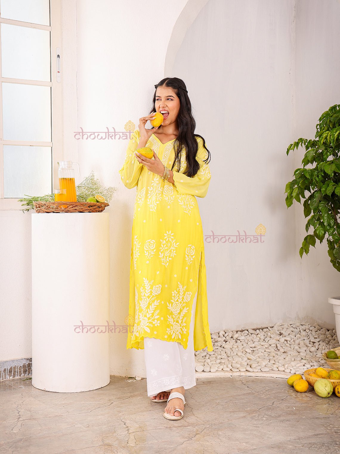 Rooh Premium Muslin Long Chikankati Scalloped Kurti - Chowkhat Lifestyle