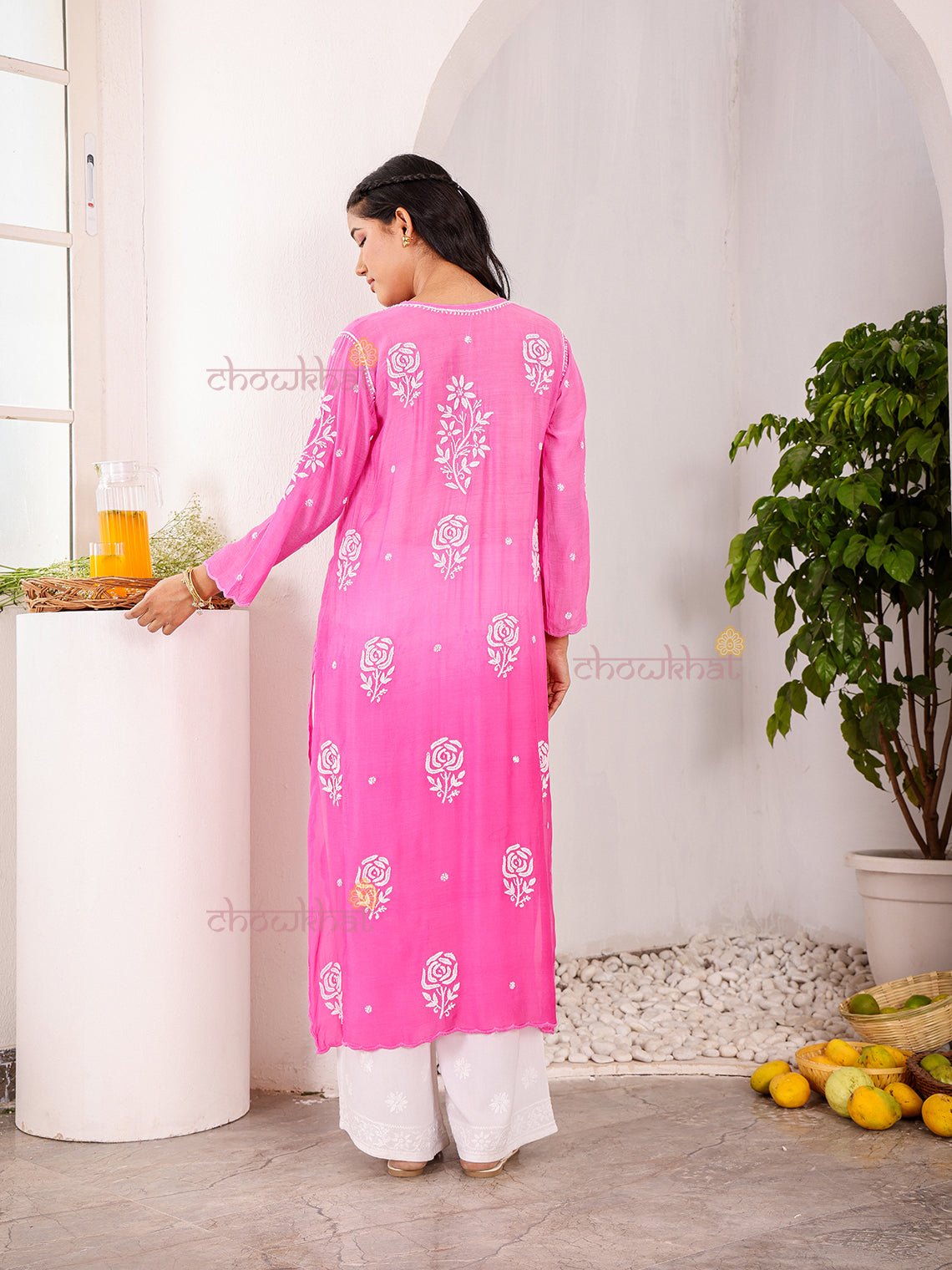 Rooh Premium Muslin Long Chikankati Scalloped Kurti - Chowkhat Lifestyle