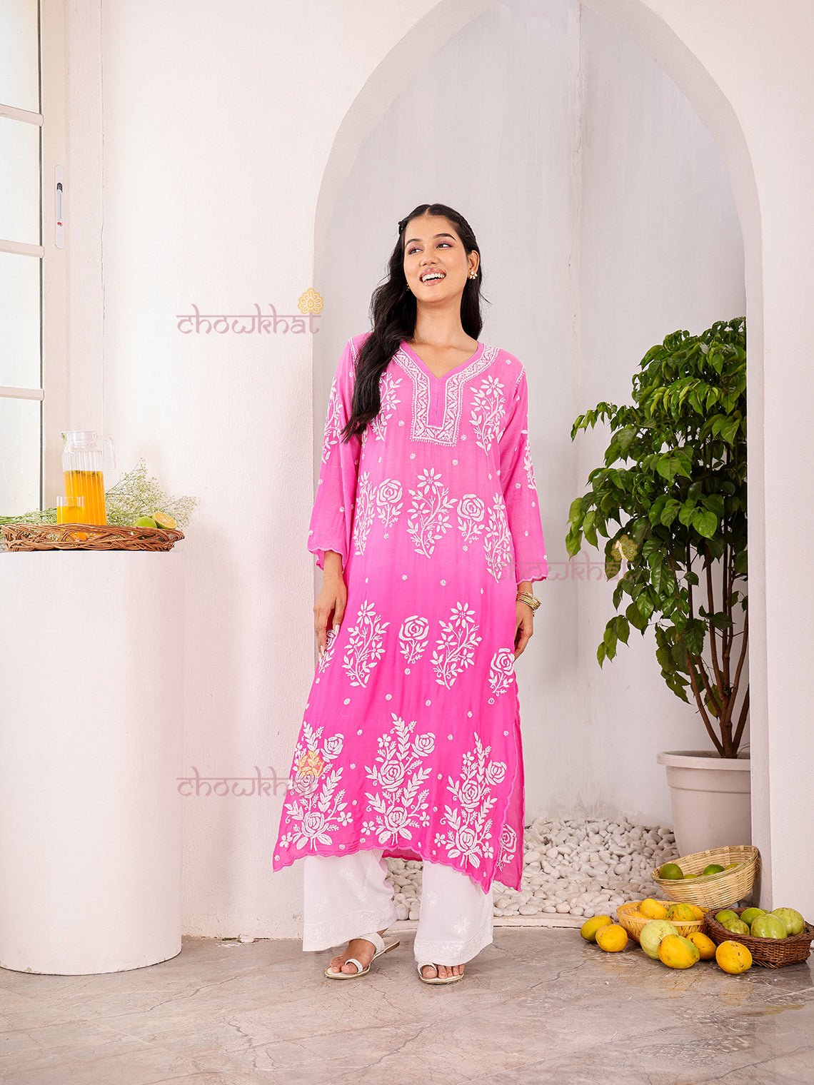 Rooh Premium Muslin Long Chikankati Scalloped Kurti - Chowkhat Lifestyle