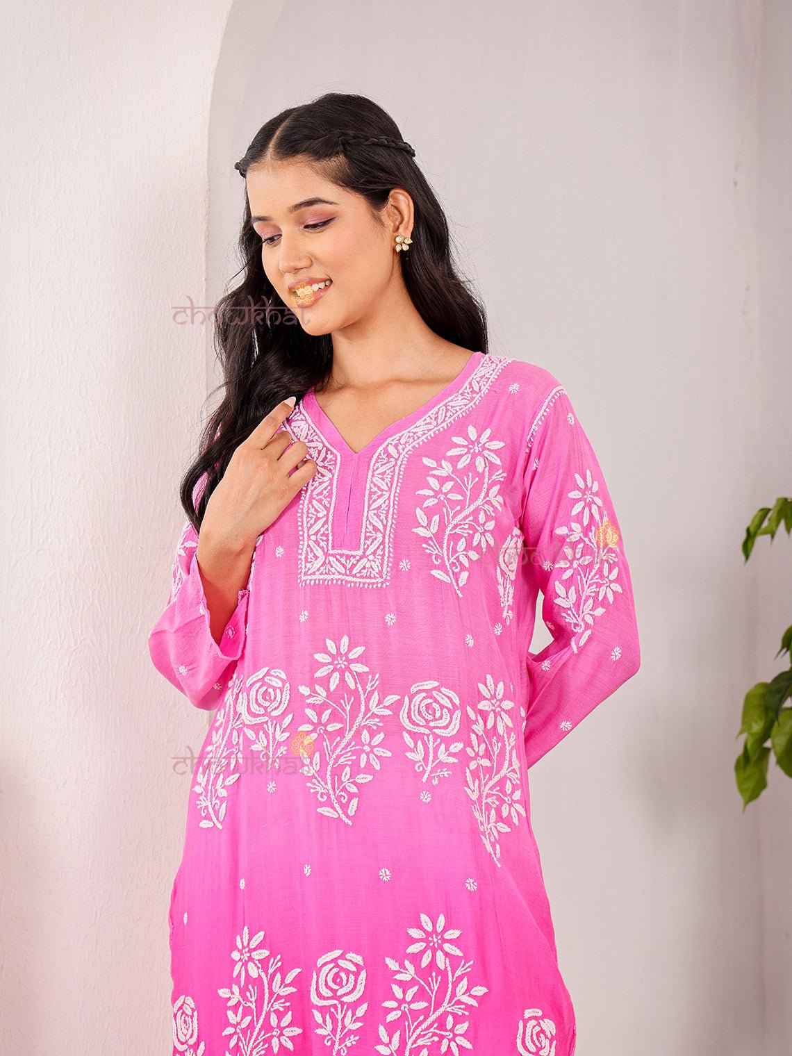 Rooh Premium Muslin Long Chikankati Scalloped Kurti - Chowkhat Lifestyle