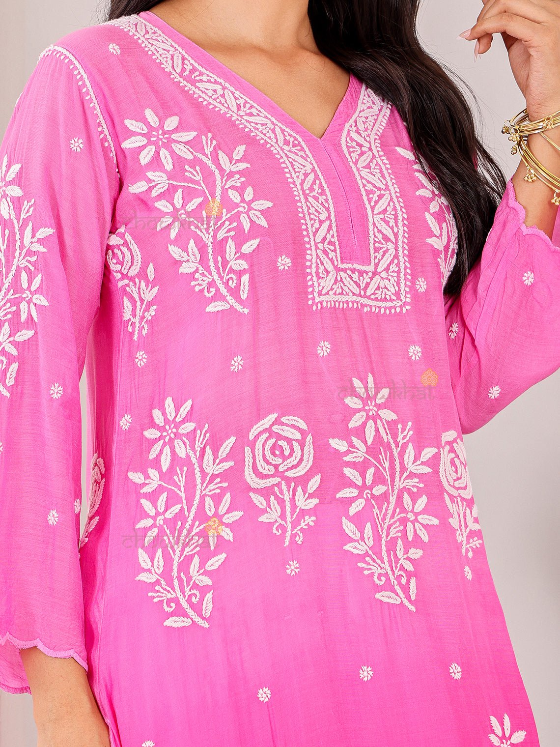 Rooh Premium Muslin Long Chikankati Scalloped Kurti - Chowkhat Lifestyle
