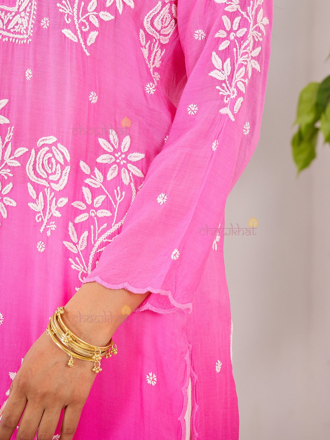 Rooh Premium Muslin Long Chikankati Scalloped Kurti - Chowkhat Lifestyle