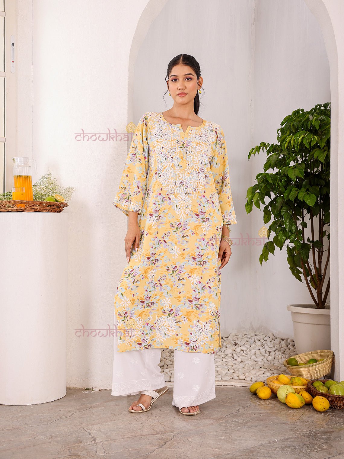 Ishani Rayon Printed Straight Chikankari Kurti - Chowkhat Lifestyle