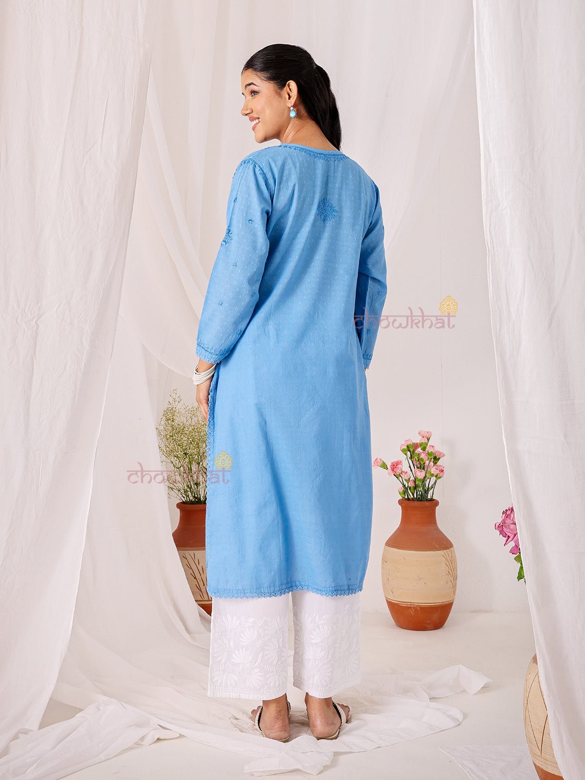 Tara Cotton Dobby Straight Long Chikankari Kurti with pocket - Chowkhat Lifestyle