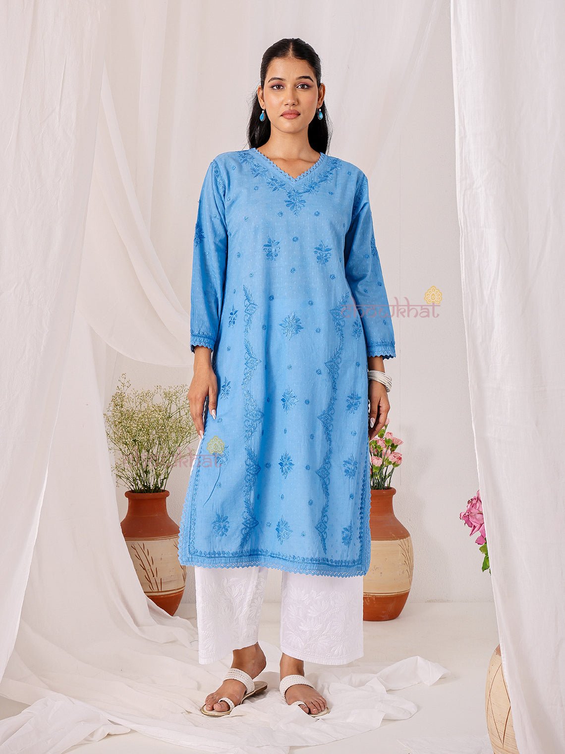 Tara Cotton Dobby Straight Long Chikankari Kurti with pocket - Chowkhat Lifestyle