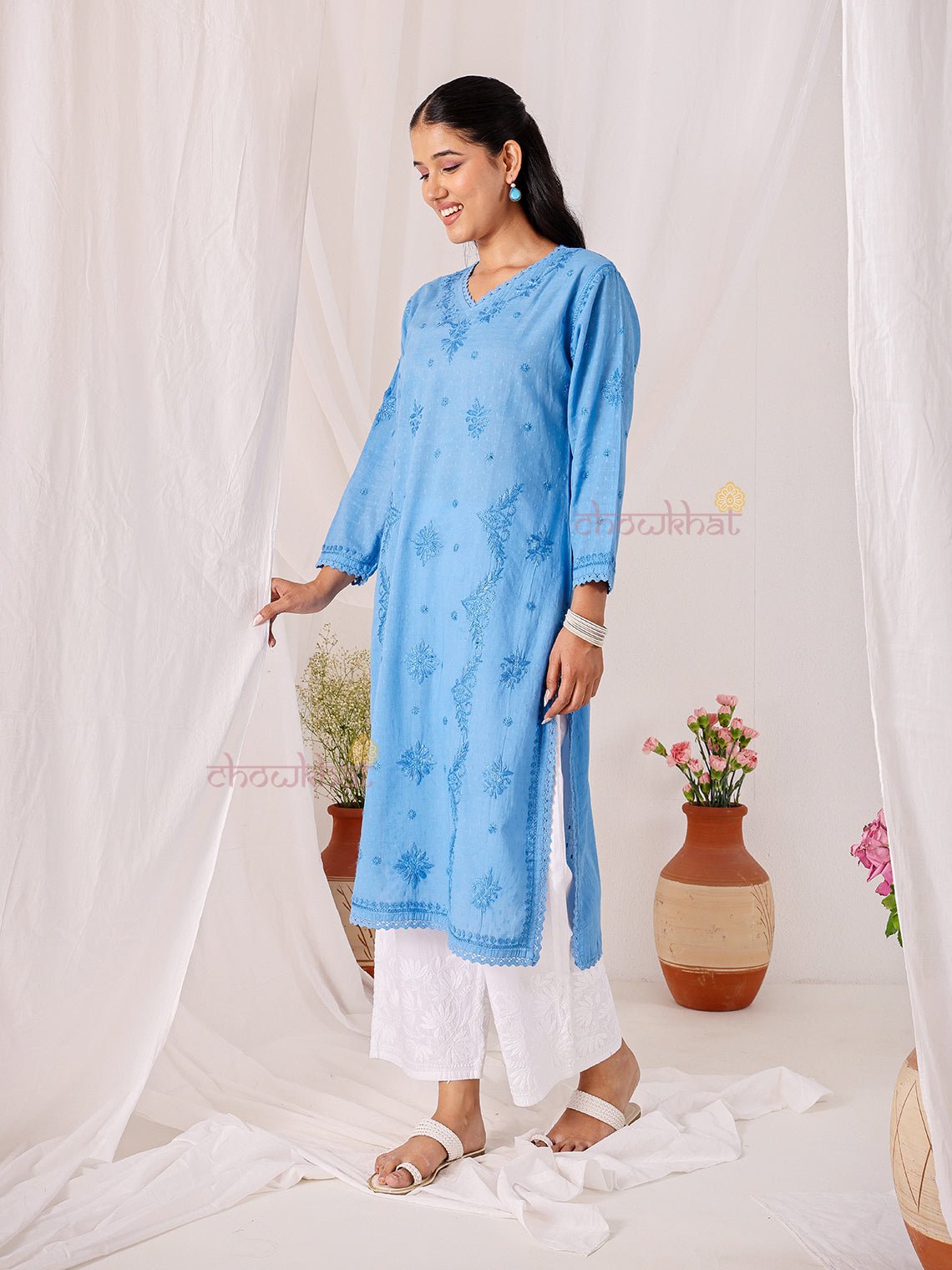 Tara Cotton Dobby Straight Long Chikankari Kurti with pocket - Chowkhat Lifestyle