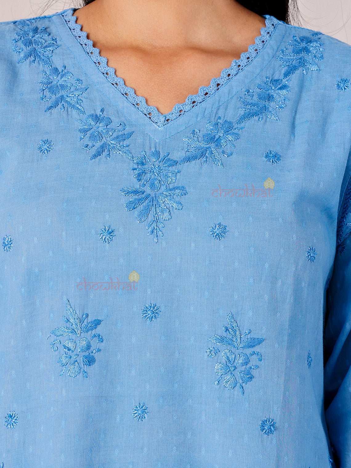 Tara Cotton Dobby Straight Long Chikankari Kurti with pocket - Chowkhat Lifestyle