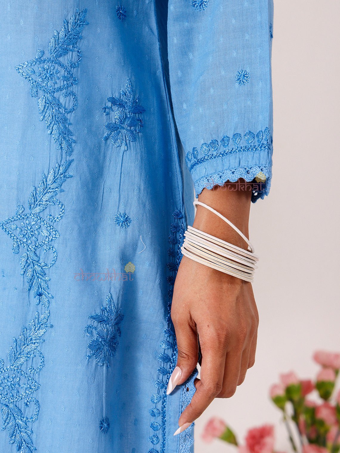 Tara Cotton Dobby Straight Long Chikankari Kurti with pocket - Chowkhat Lifestyle