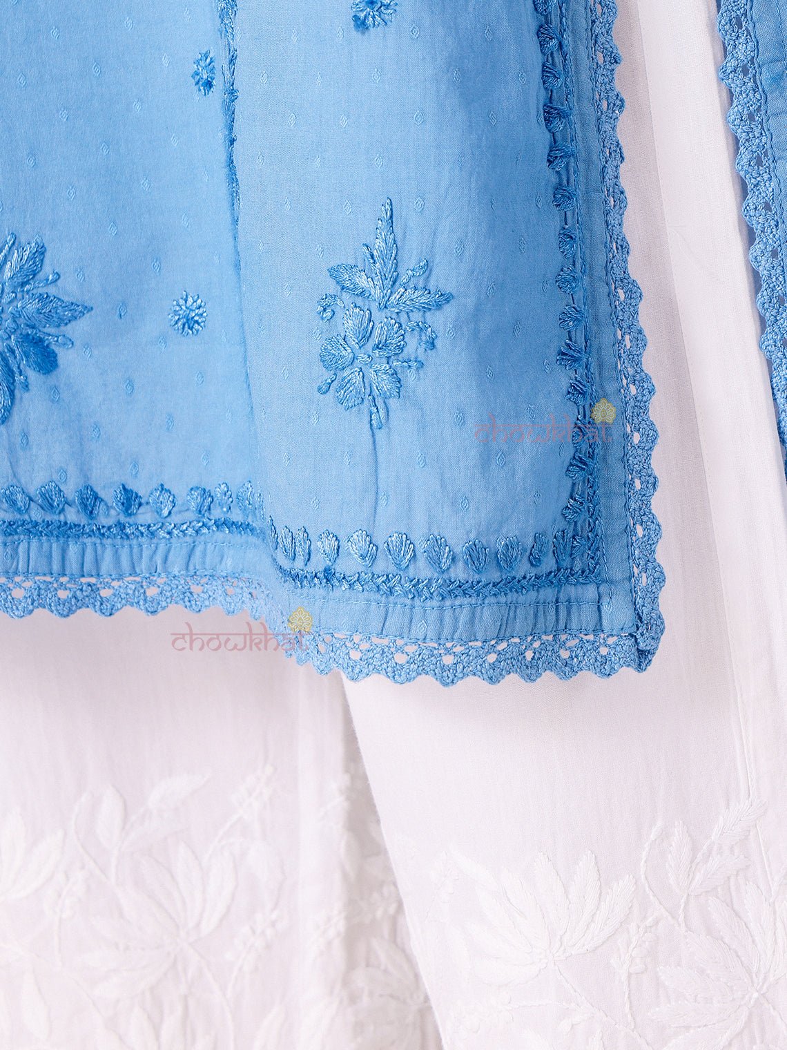 Tara Cotton Dobby Straight Long Chikankari Kurti with pocket - Chowkhat Lifestyle