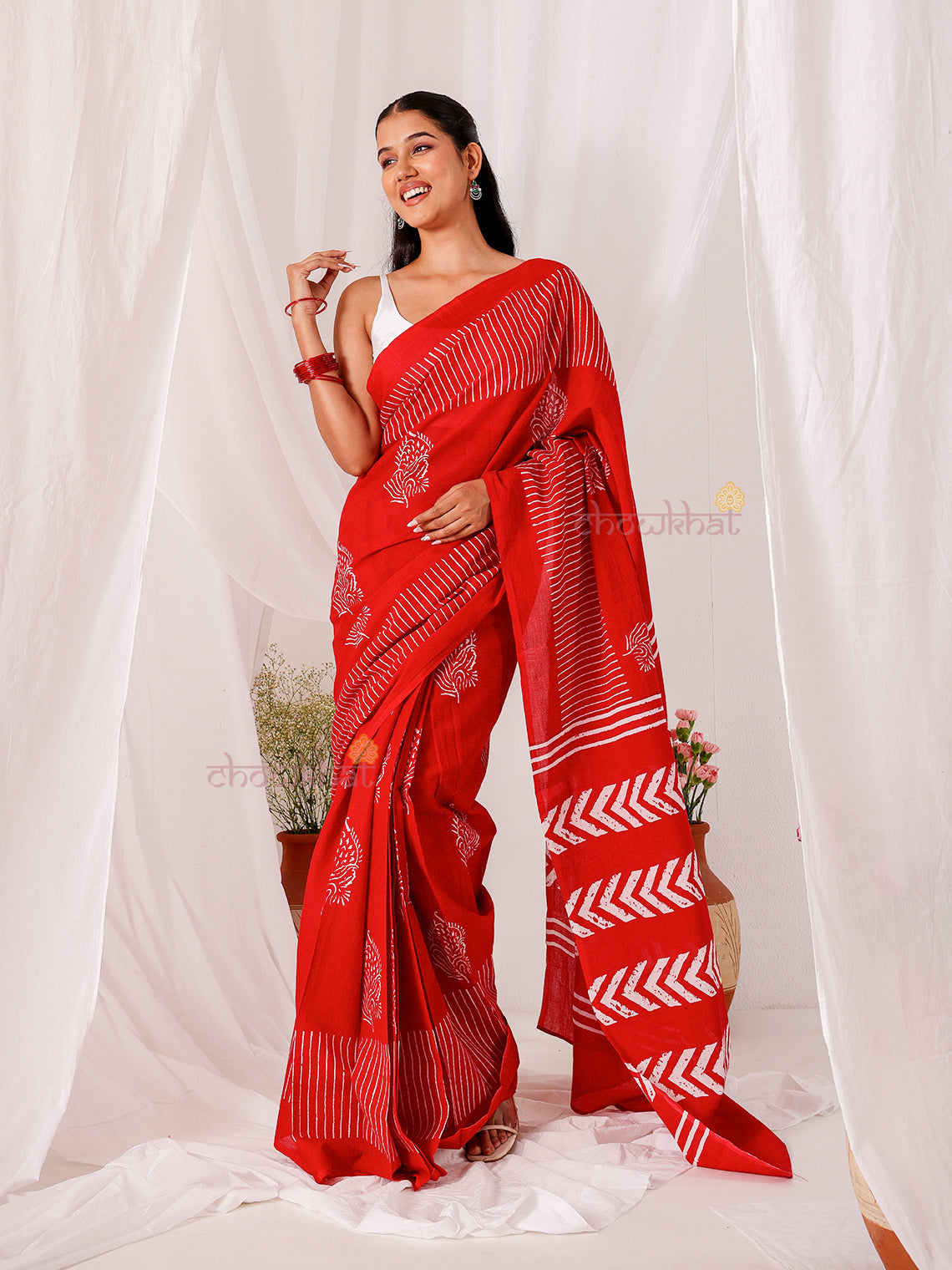 Bela Pre- Draped Hand Printed Mul Cotton Saree