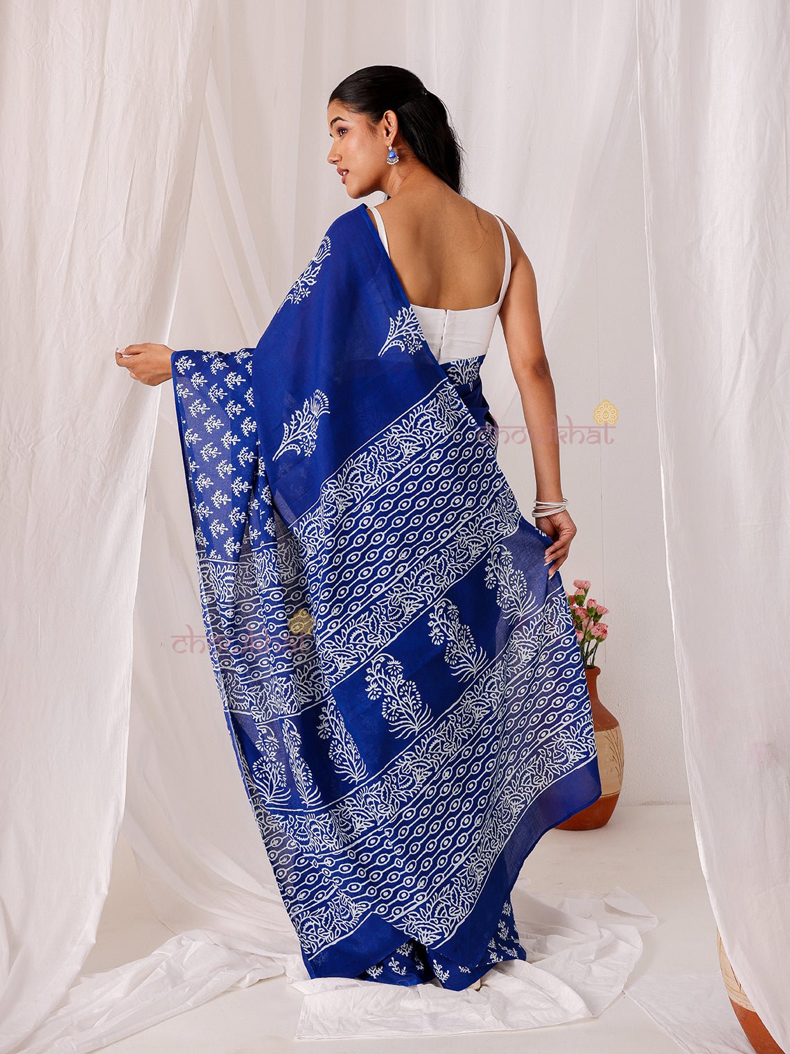 Neel Pre - Draped Hand Printed Mul Cotton Saree - Chowkhat Lifestyle