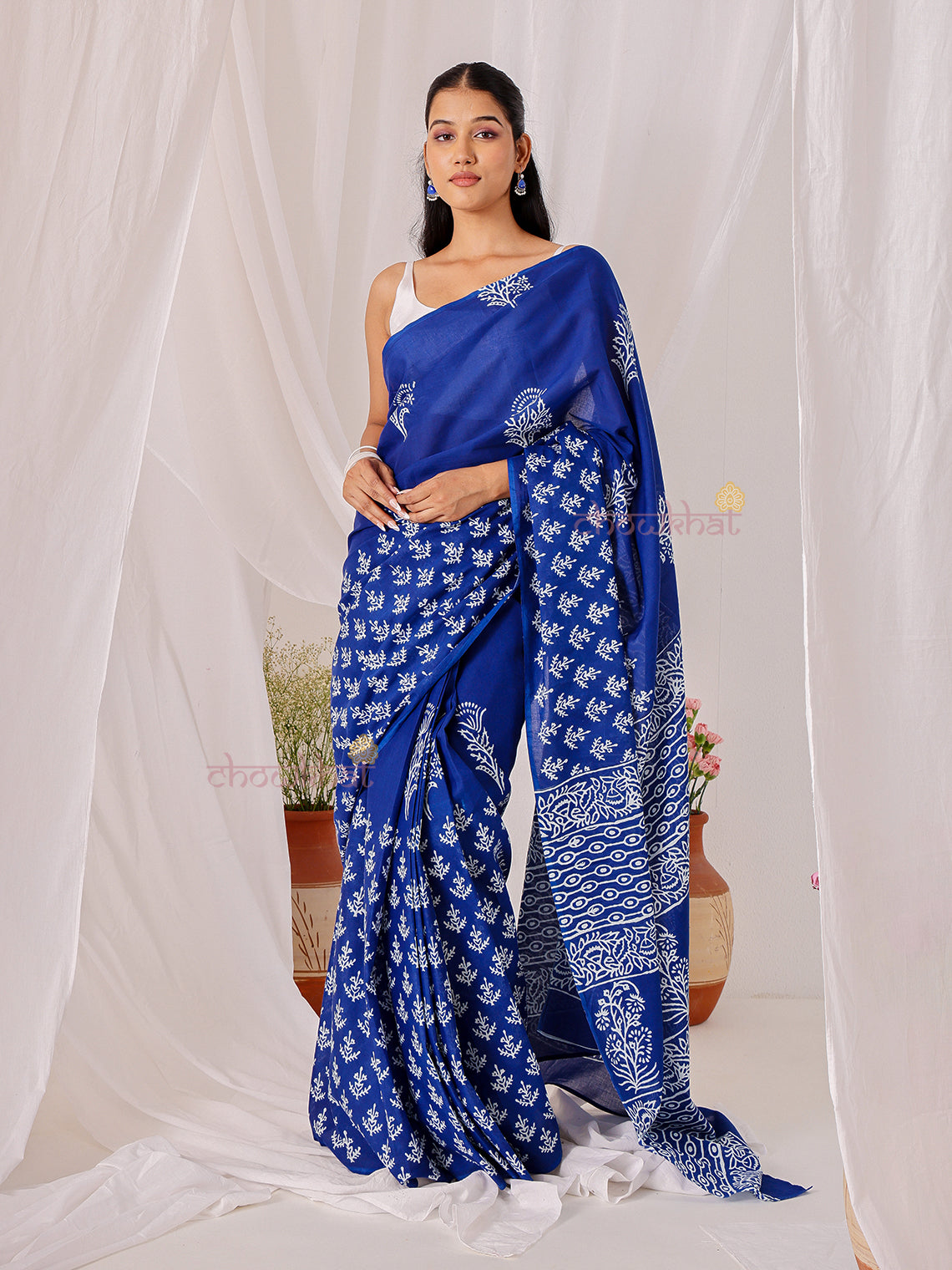 Neel Pre- Draped Hand Printed Mul Cotton Saree