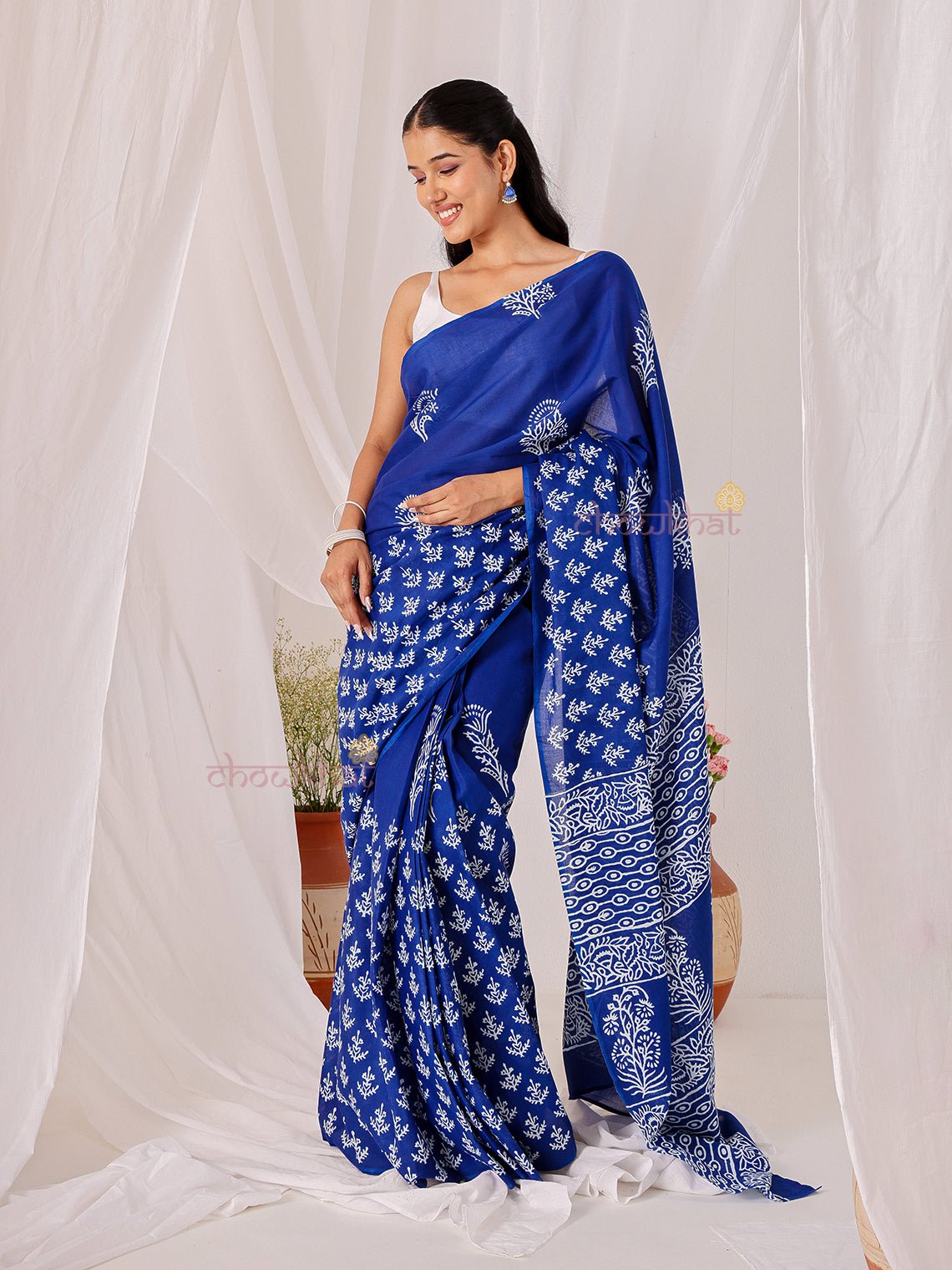 Neel Pre - Draped Hand Printed Mul Cotton Saree - Chowkhat Lifestyle