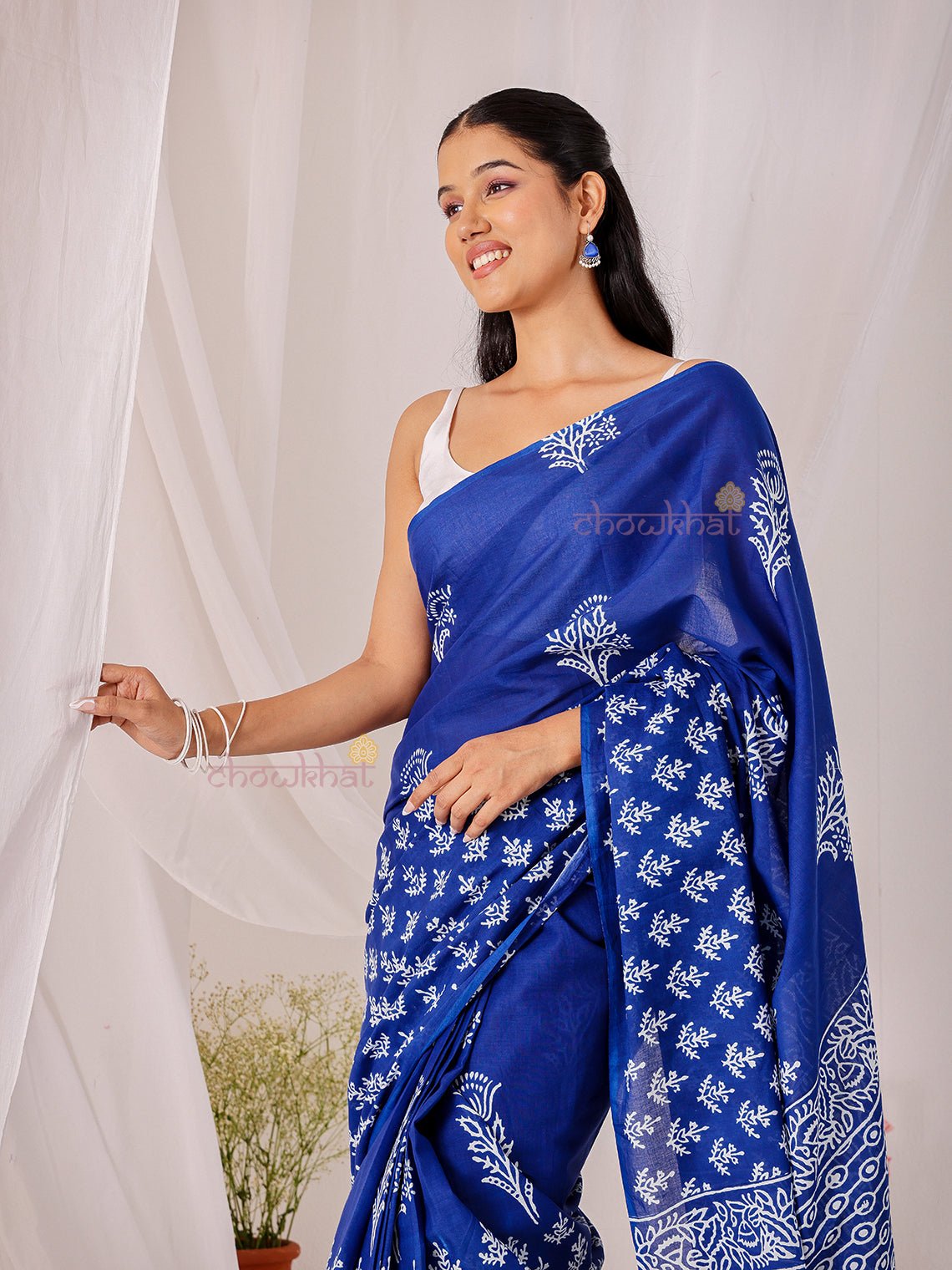 Neel Pre - Draped Hand Printed Mul Cotton Saree - Chowkhat Lifestyle