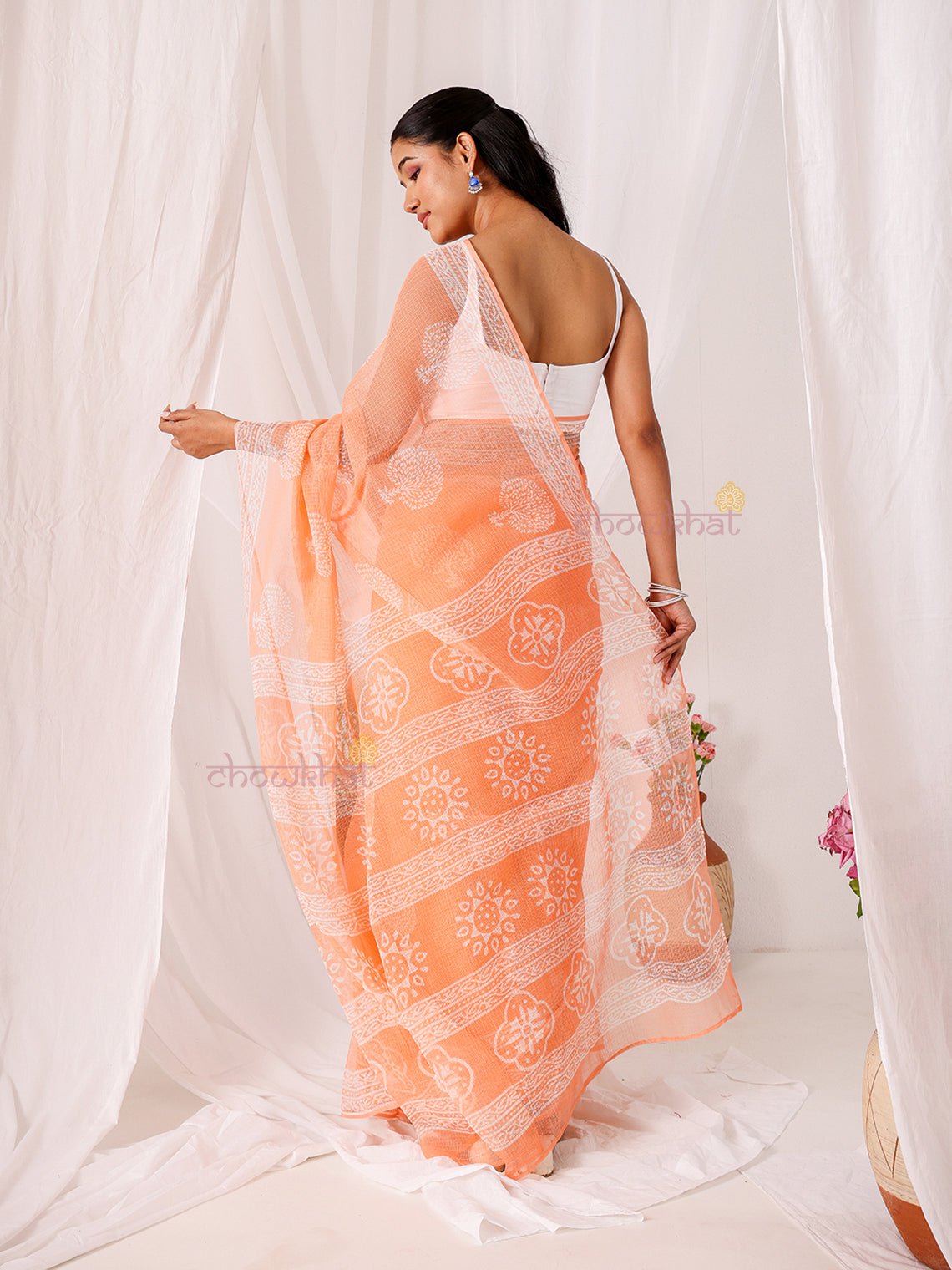 Bindu Pre - Draped Hand Block Kota Doria Saree - Chowkhat Lifestyle