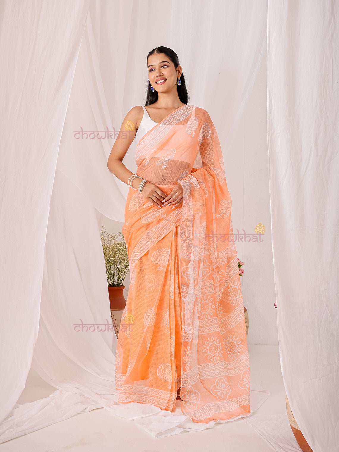Bindu Pre - Draped Hand Block Kota Doria Saree - Chowkhat Lifestyle