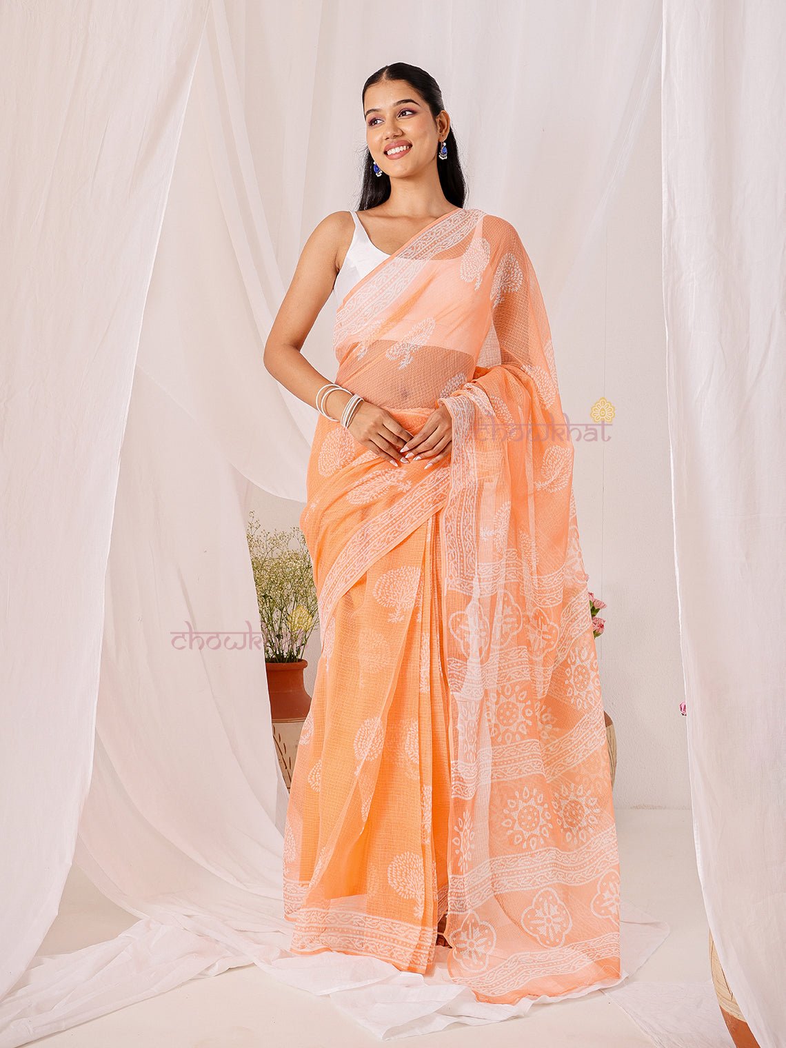 Bindu Pre - Draped Hand Block Kota Doria Saree - Chowkhat Lifestyle