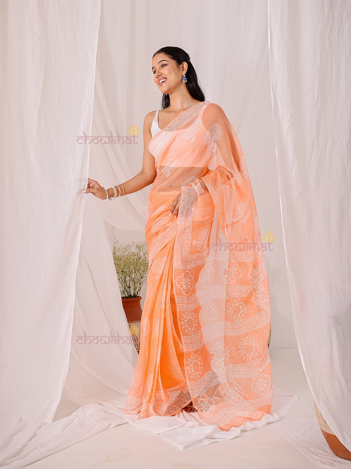 Bindu Pre - Draped Hand Block Kota Doria Saree - Chowkhat Lifestyle