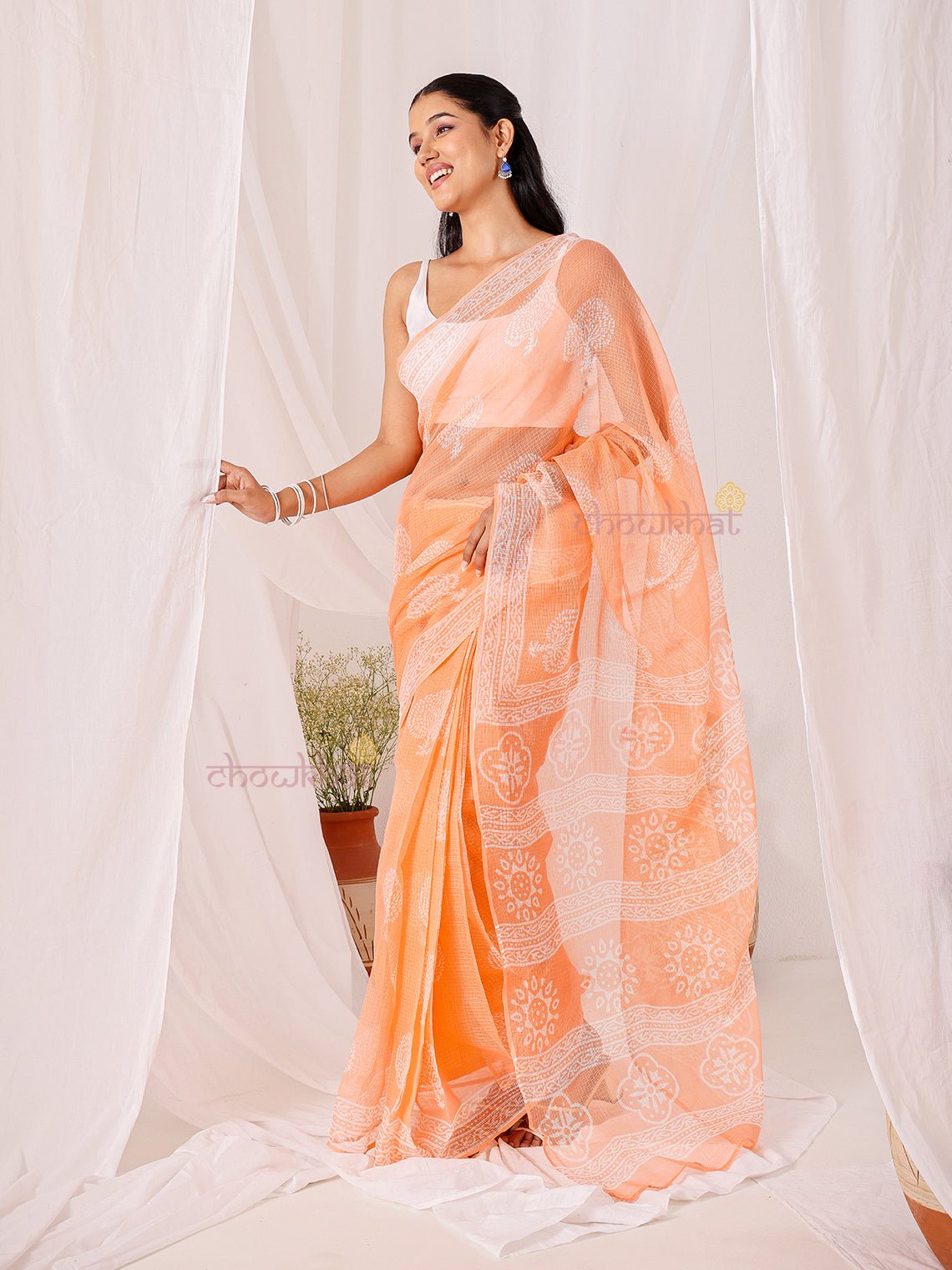 Bindu Pre - Draped Hand Block Kota Doria Saree - Chowkhat Lifestyle