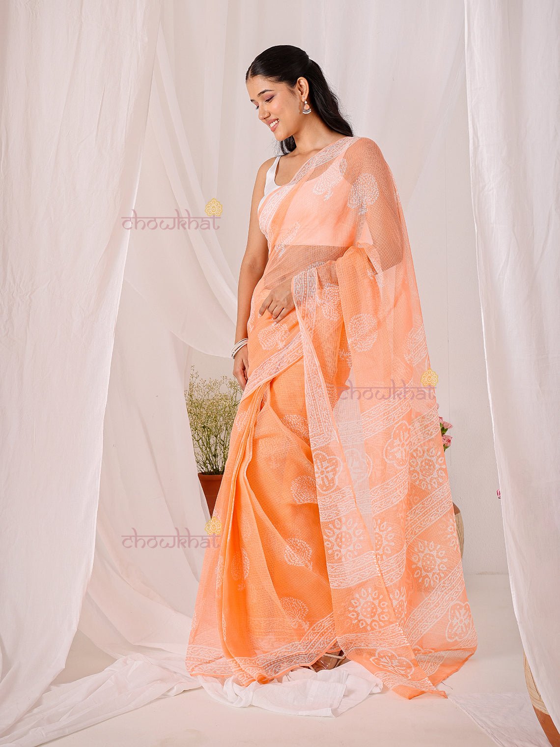 Bindu Pre - Draped Hand Block Kota Doria Saree - Chowkhat Lifestyle