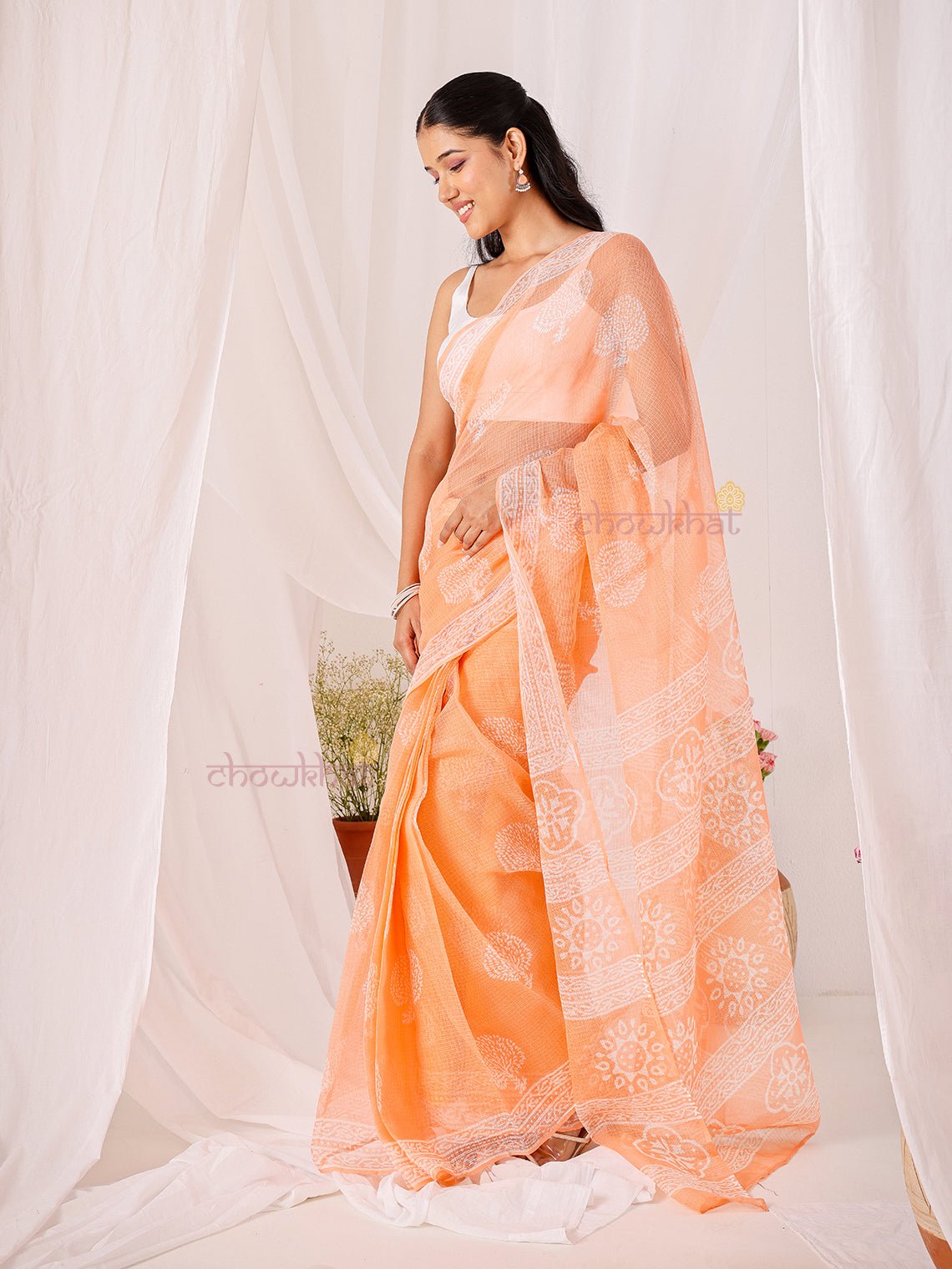Bindu Pre - Draped Hand Block Kota Doria Saree - Chowkhat Lifestyle