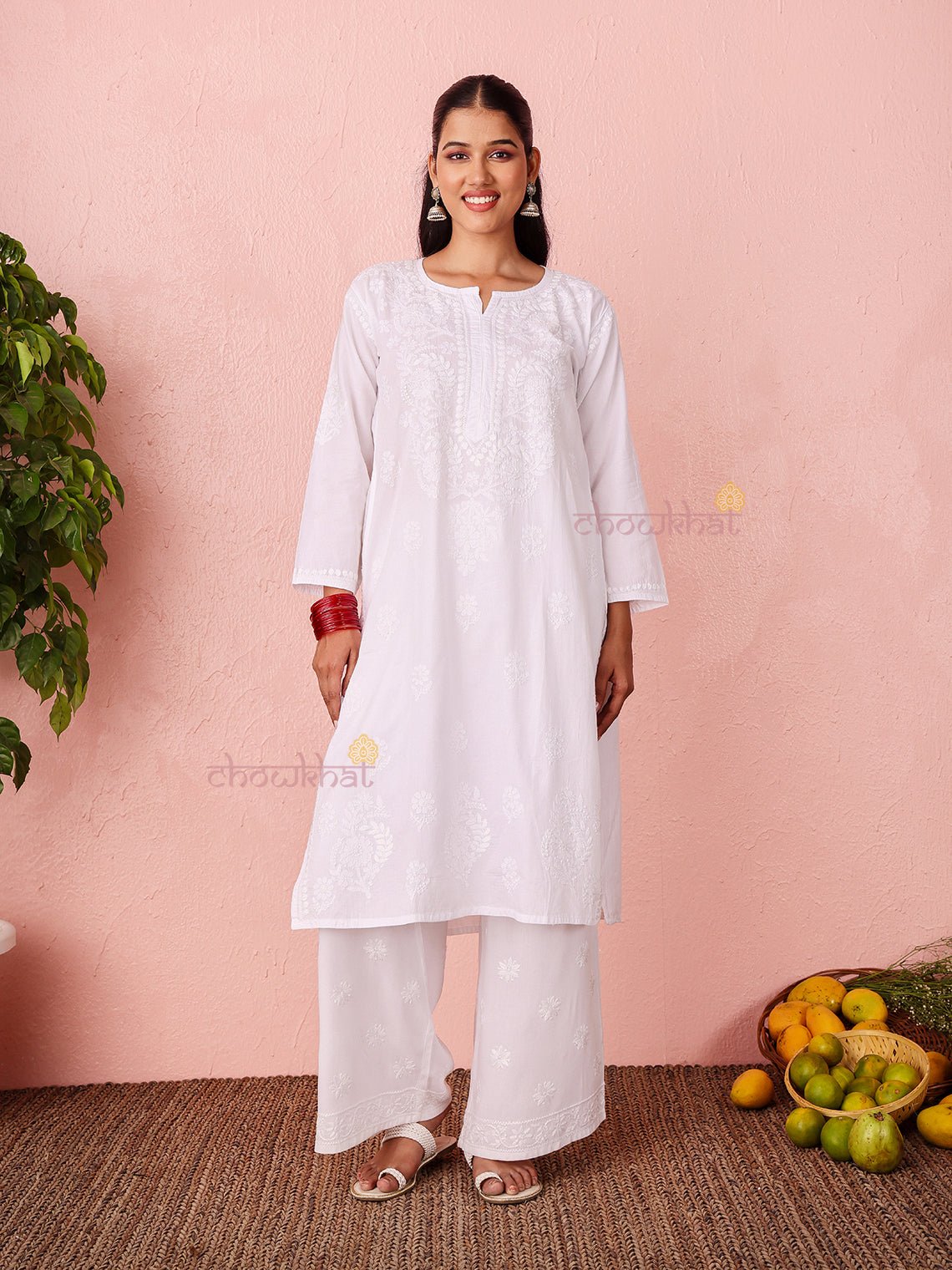 Chaand Cotton Satin Straight Long Chikankari Kurti with pocket - Chowkhat Lifestyle