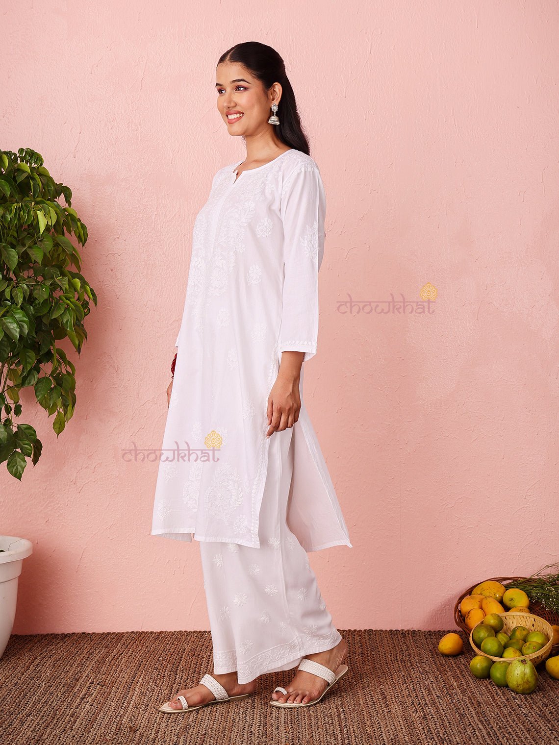 Chaand Cotton Satin Straight Long Chikankari Kurti with pocket - Chowkhat Lifestyle