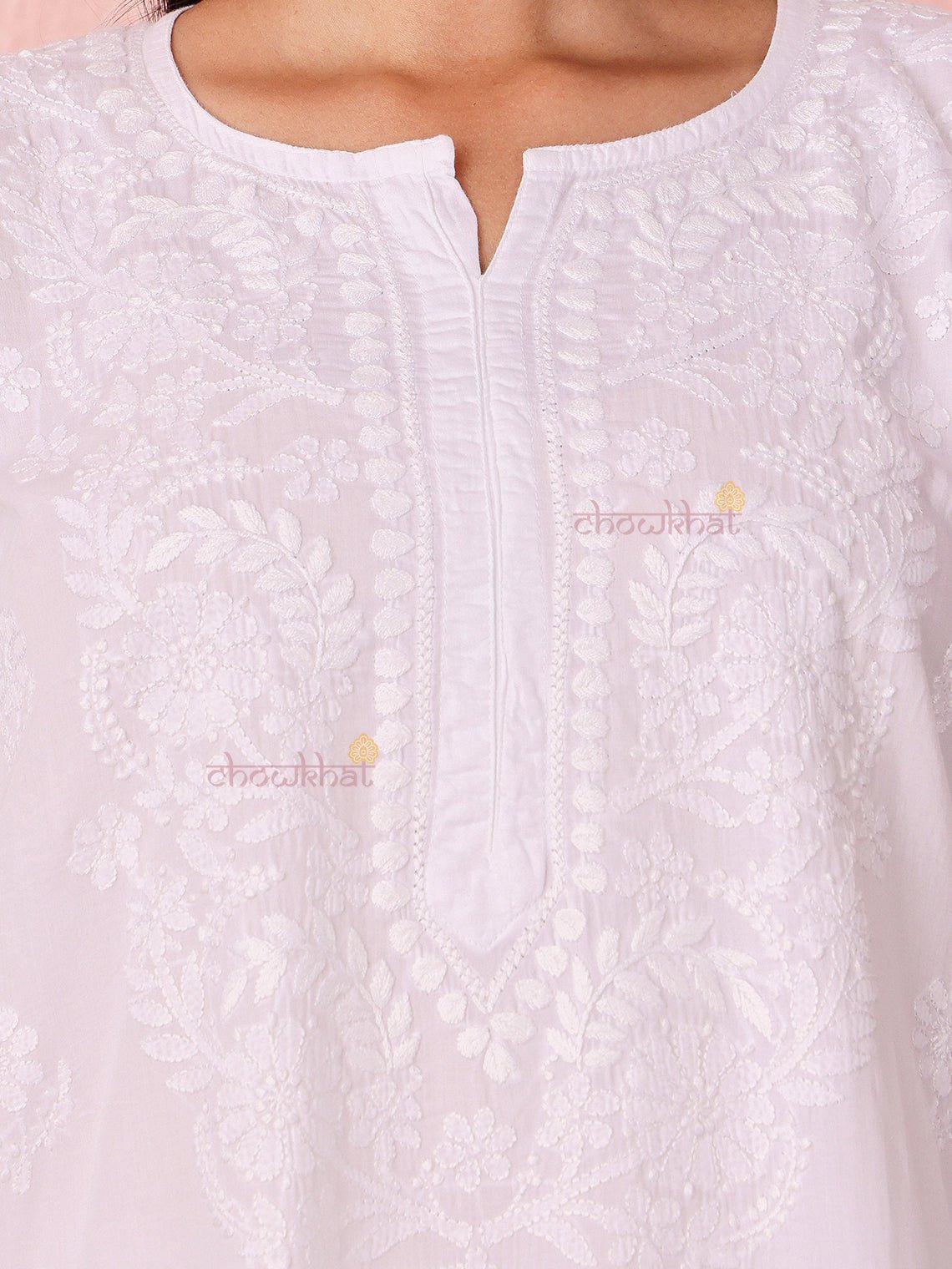 Chaand Cotton Satin Straight Long Chikankari Kurti with pocket - Chowkhat Lifestyle