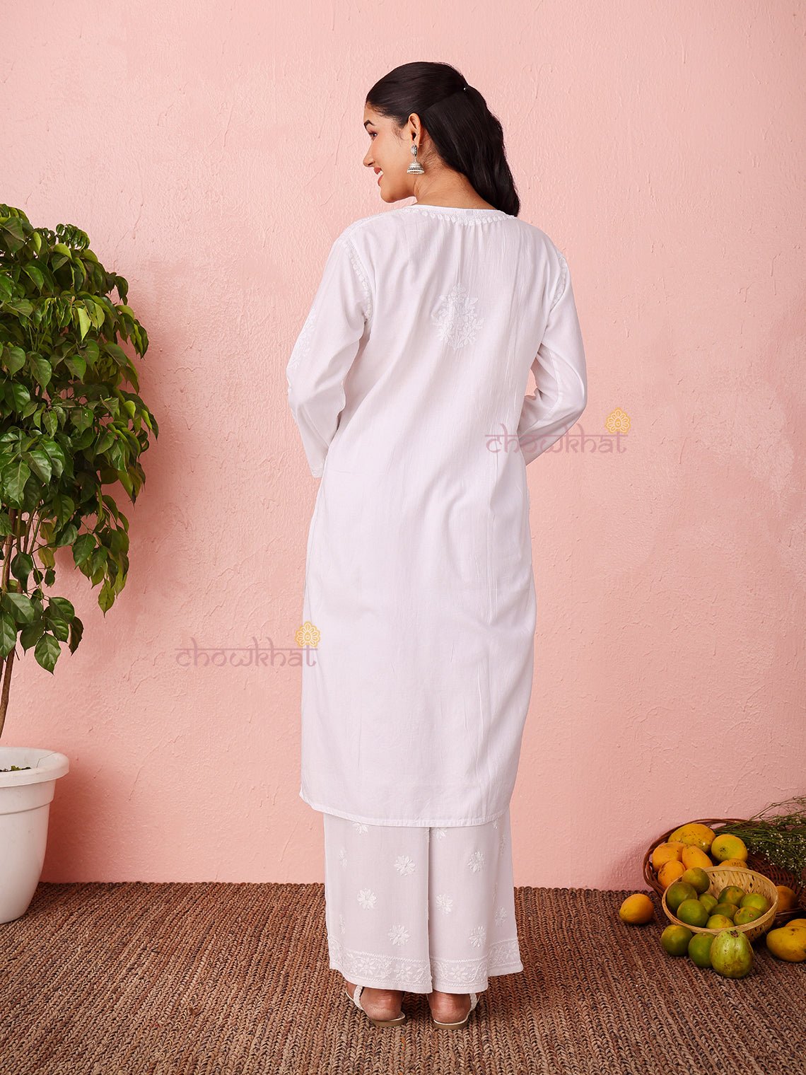 Chaand Cotton Satin Straight Long Chikankari Kurti with pocket - Chowkhat Lifestyle