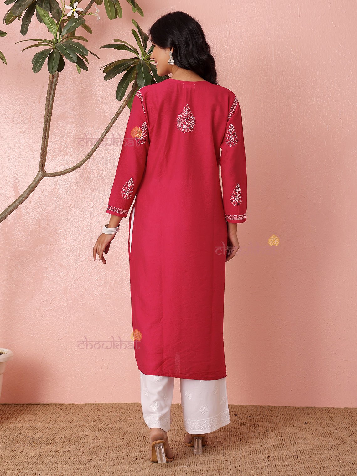 Haya Straight Chanderi Chikankari Kurti - Chowkhat Lifestyle