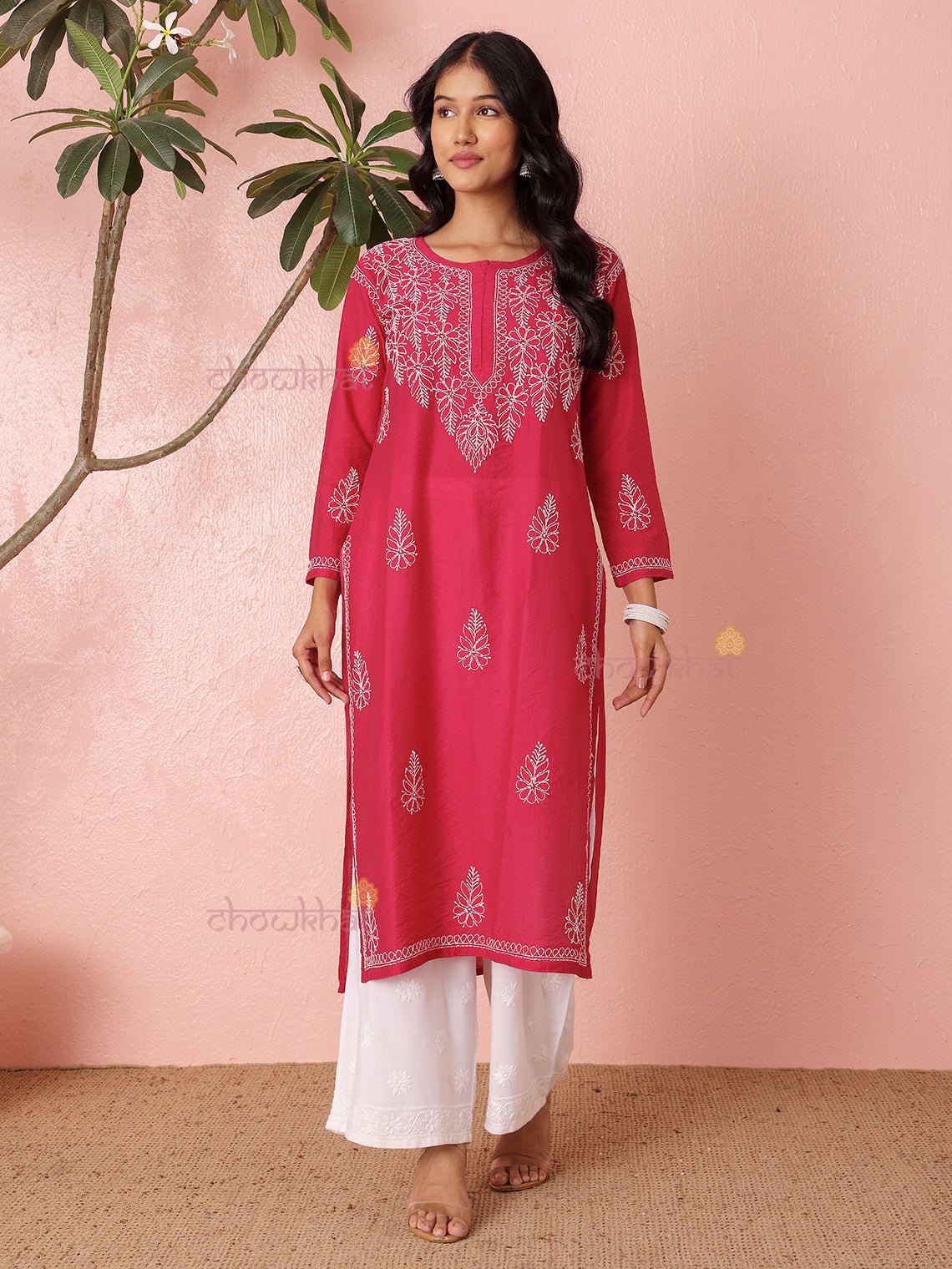 Haya Straight Chanderi Chikankari Kurti - Chowkhat Lifestyle